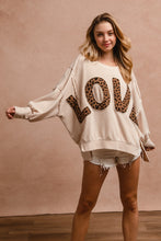 Load image into Gallery viewer, BiBi OVERSIZED Solid Color Top with Leopard "LOVE" Letter Patches in Oatmeal ON ORDER