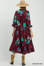 Load image into Gallery viewer, Umgee Floral Print Tiered Midi Dress with Puff Sleeves in Burgundy Mix