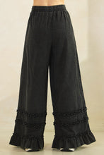 Load image into Gallery viewer, Mittoshop Mineral Washed Ruffle Trim Wide Leg Pants in Ash Black