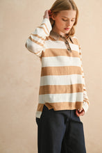Load image into Gallery viewer, Miou Muse Soft Knit Striped Polo Top in Tan/White
