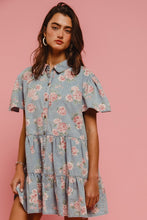Load image into Gallery viewer, BiBi Washed Denim Floral Print Dress in Light Denim