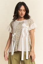 Load image into Gallery viewer, Davi & Dani Waffle Knit Color Block Mixed Print Top with Bow Details in Taupe Mocha