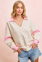 Load image into Gallery viewer, BiBi Floral Print French Terry V Neck Collared Top in Ivory/Pink