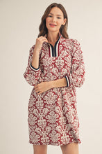 Load image into Gallery viewer, Jodifl Front Half Zip Up Baroque Floral Pattern Dress in Burgundy