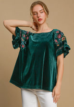 Load image into Gallery viewer, Umgee Velvet Top with Floral Embroidery in Hunter Green