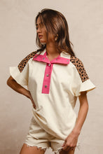 Load image into Gallery viewer, BiBi Soft Knit Collared Top with Contrasting Color and Leopard Print in Ivory