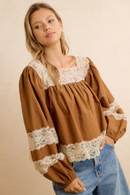 Load image into Gallery viewer, BiBi Solid Woven Balloon Sleeve Square Neck Blouse With Lace Trim in Camel