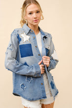 Load image into Gallery viewer, Blue B Distressed Denim Shirt with Star Print and Studded Details in Medium Wash