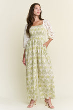 Load image into Gallery viewer, J.nna Lace Sleeve Smocked Bodice Jumpsuit in Green
