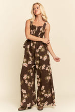 Load image into Gallery viewer, Davi & Dani Floral Ruffle Square Neck Smocking Bodice Jumpsuit in Mocha Brown