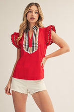 Load image into Gallery viewer, Jodifl Solid Color Woven Top with Plaid Accents in Red