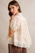Load image into Gallery viewer, So Me Polka Dot Cotton Lace Trim Blouse in Beige/Brown