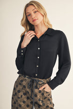 Load image into Gallery viewer, Jodifl Scallop Trim Detail Button Down Satin Top in Black