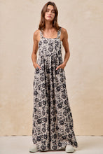 Load image into Gallery viewer, BiBi Mineral Washed Denim Rose Print Wide Leg Jumpsuit in Grey/Black