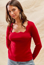 Load image into Gallery viewer, So Me FITTED Knit Sweater Top with Scalloped Neckline in Red