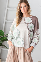 Load image into Gallery viewer, Oli & Hali Contrasting Color Top with Eyelet Lace Flower Patches in Tan