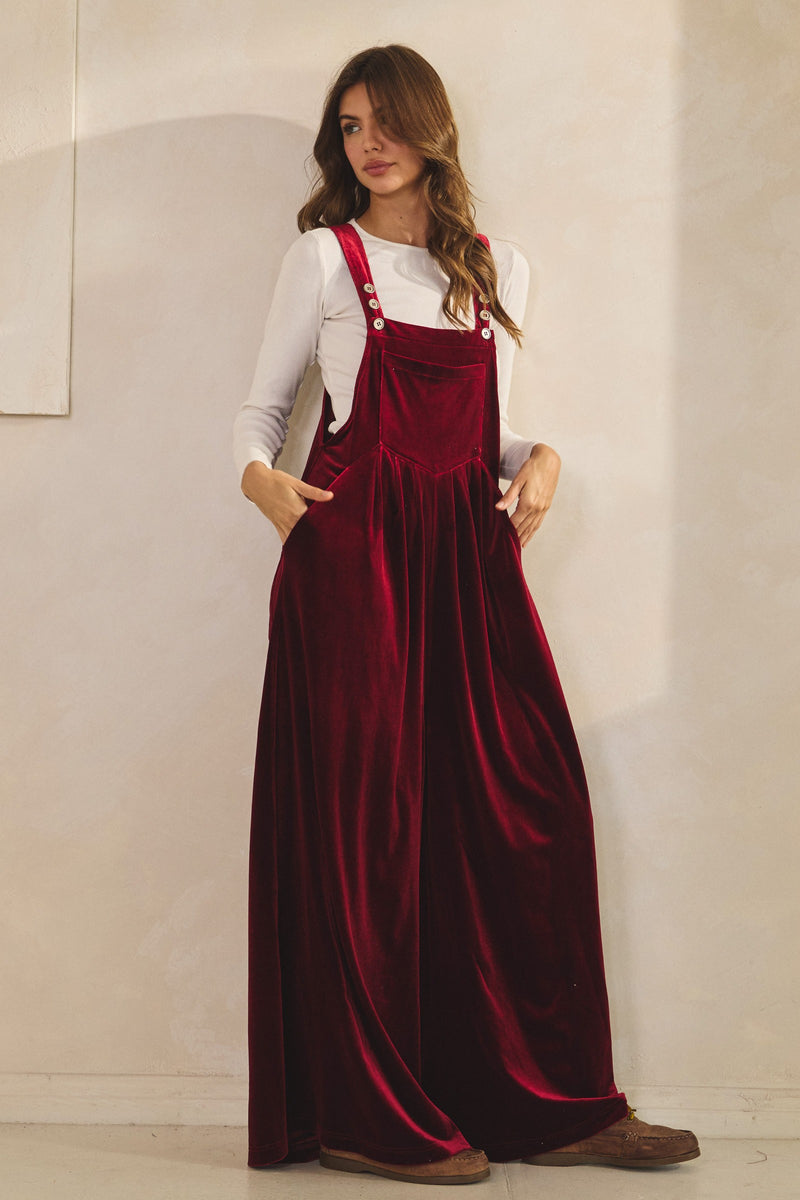 burgundy overall dress LovLov Solid Color Velvet Overalls in Red RED DRESS