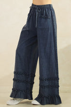 Load image into Gallery viewer, Mittoshop Mineral Washed Ruffle Trim Wide Leg Pants in New Blueberry