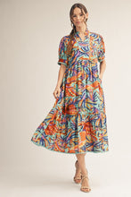 Load image into Gallery viewer, Jodifl Tropical Print Midi Dress with Scalloped Trim Detail in Aqua Blue