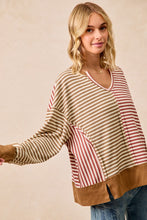 Load image into Gallery viewer, BiBi Thermal Knit Color Block Striped Top in Mocha/Marsala
