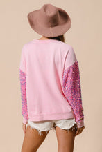 Load image into Gallery viewer, BiBi Santa Beard Patched Mineral Washed Top with Velvet Sequin Sleeves in Pink