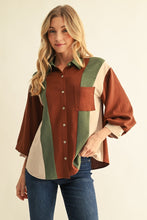Load image into Gallery viewer, Jodifl Colorblock Crinkle Button-Down Top in Brown Mix