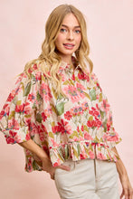 Load image into Gallery viewer, BiBi Floral Print Ruffled Hem Button-Up Quarter Sleeve Top in Floral