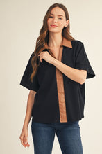Load image into Gallery viewer, Jodifl Faux Leather Accent Drop Shoulder Solid Top in Black