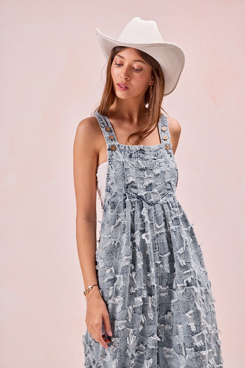 BiBi Frayed Textured Checkered Overalls in Denim – June Adel