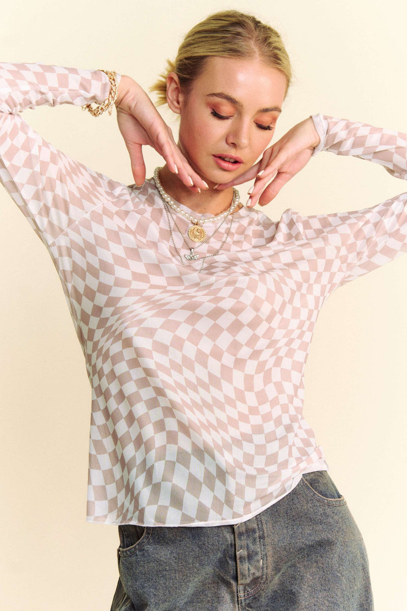 Davi & Dani Ribbon Checker Printed Tie Halter Neck Blouse Top main image 1