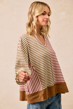 Load image into Gallery viewer, BiBi Thermal Knit Color Block Striped Top in Mocha/Marsala