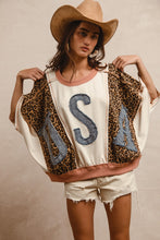 Load image into Gallery viewer, BiBi OVERSIZED Leopard and Solid Top with Denim USA Patch Front in Oatmeal