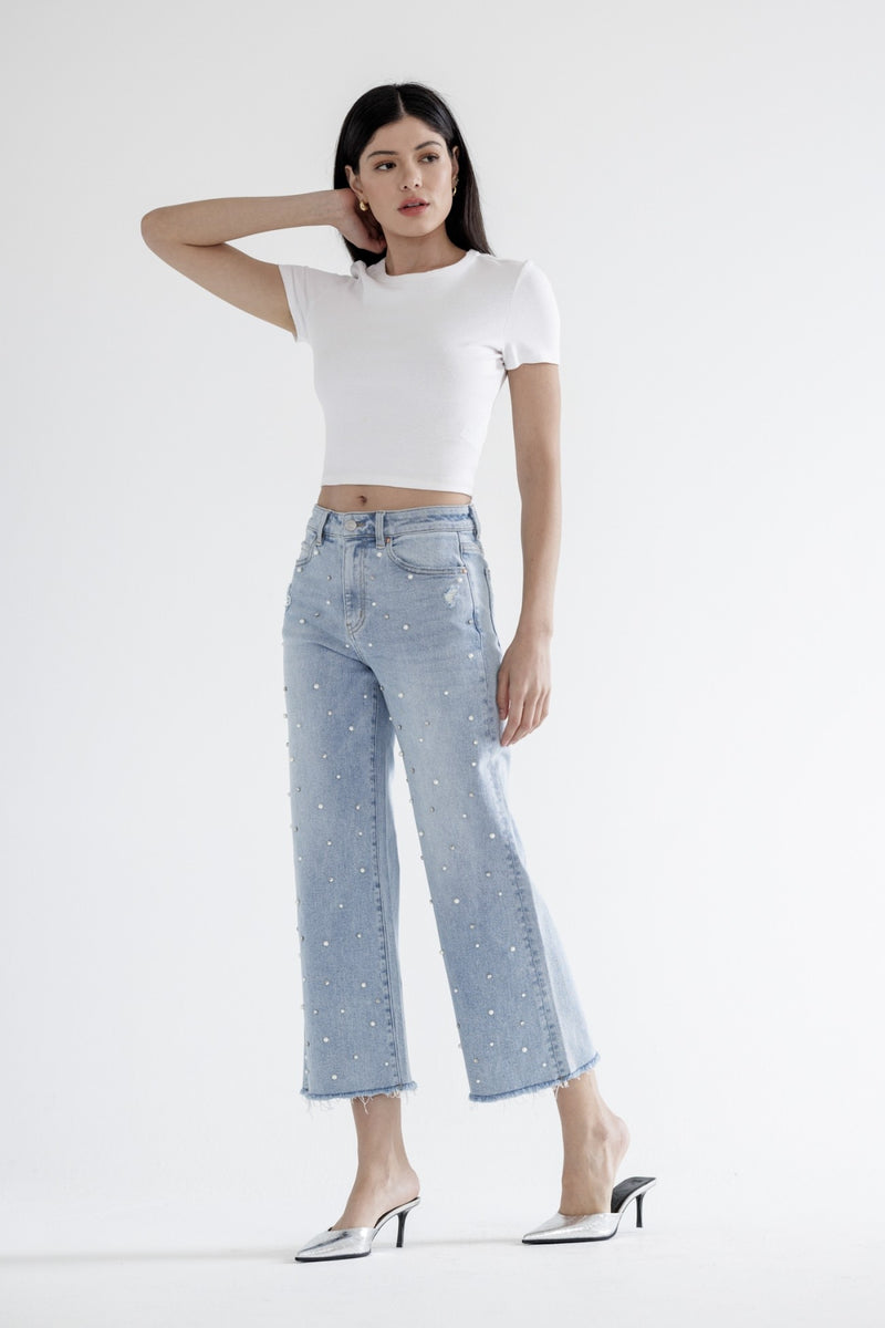 Mica Denim High Rise Pearl and Rhinestone Embellished CROPPED Wide