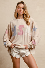 Load image into Gallery viewer, BiBi OVERSIZED French Terry Top with Mixed Print USA and Star Patches in Oatmeal