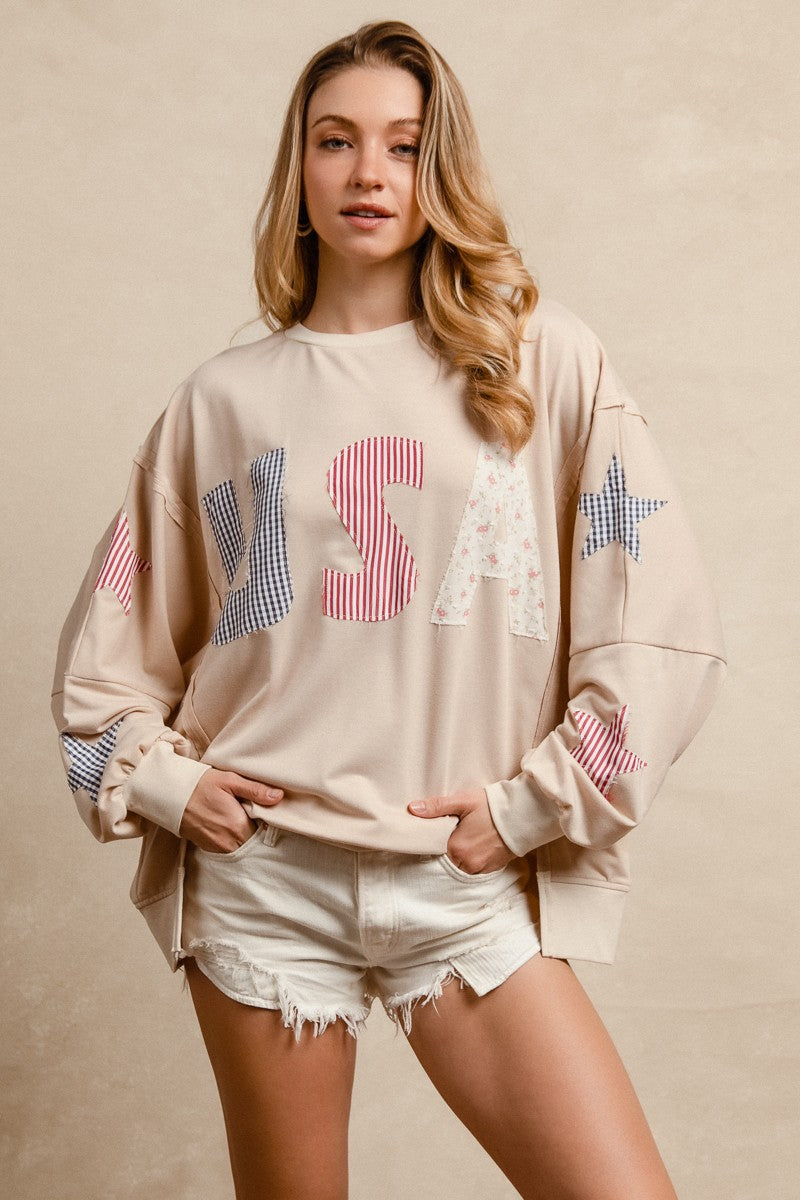 BiBi OVERSIZED French Terry Top with Mixed Print USA and Star