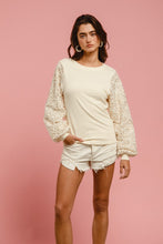 Load image into Gallery viewer, BiBi Solid Color Ribbed Top with Chenille and Sequin Floral Sleeves in Cream