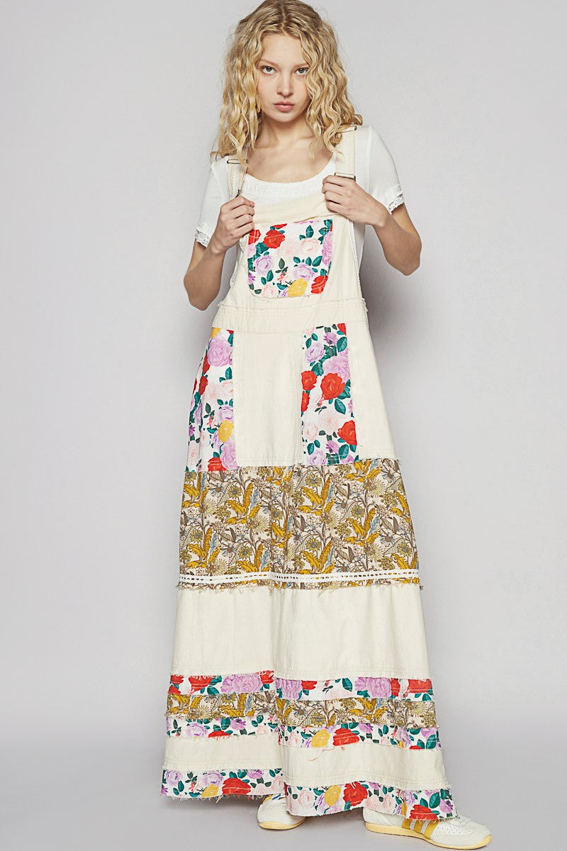 POL Mixed Print Patchwork Overall Dress in Oatmilk L