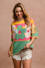 Load image into Gallery viewer, BiBi Mix n Match Stripes Dolman Top with Flower Patches on Front in Honey Combo