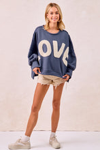 Load image into Gallery viewer, BiBi OVERSIZED French Terry Top with Contrasting Fleece "LOVE" Letter Patches in Dusty Blue/Ivory