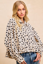 Load image into Gallery viewer, BiBi Crinkle Polka Dot Ruffle Hem Button Down Top in Cream/Black