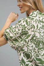 Load image into Gallery viewer, Umgee Floral Print Top with Contrasting Stripe Piping in Sage