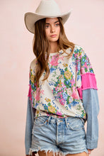 Load image into Gallery viewer, BiBi Floral Terry Knit Top with Denim Sleeves in Ivory