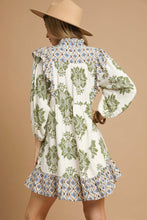 Load image into Gallery viewer, Umgee Damask Print Mini Dress with Ikat Border Print in Olive Mix
