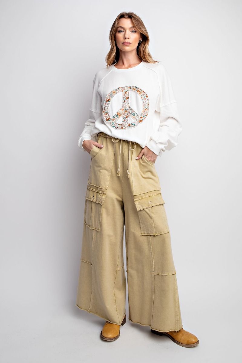 Easel Mineral Washed Terry Knit Cargo Pants in Honey Mustard