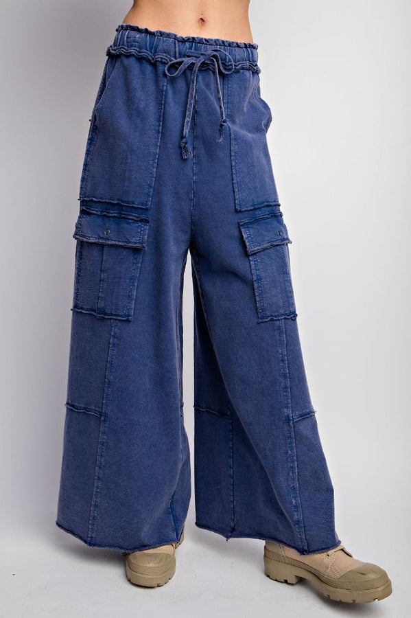 Easel Mineral Washed Terry Knit Cargo Pants in Royal Blue ON ORDER Pants Easel   
