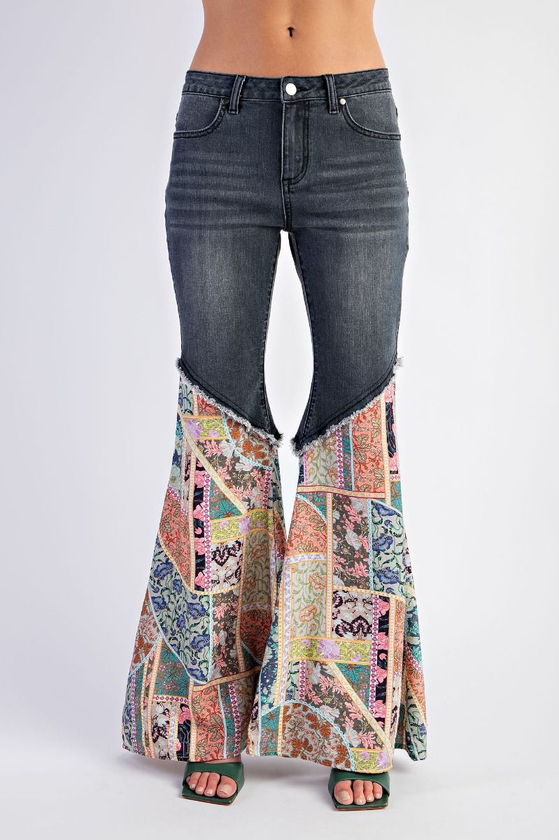 Easel Denim and Mixed Print Bell Bottom Jeans in Black Denim June Adel