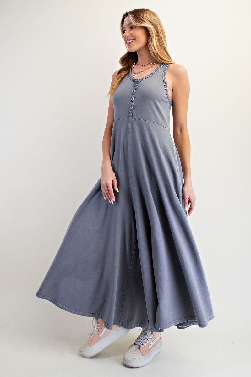 Easel Mineral Washed Solid Color Jumpsuit in Faded Denim S