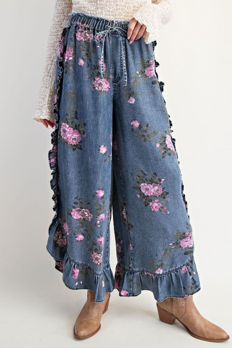 Easel Floral Print Pants Chambray Pants in Washed Denim – June Adel