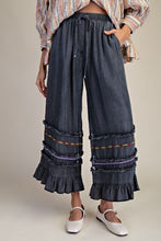 Load image into Gallery viewer, Easel Ruffle Bottom Stone Washed Chambray Pants in Black Denim