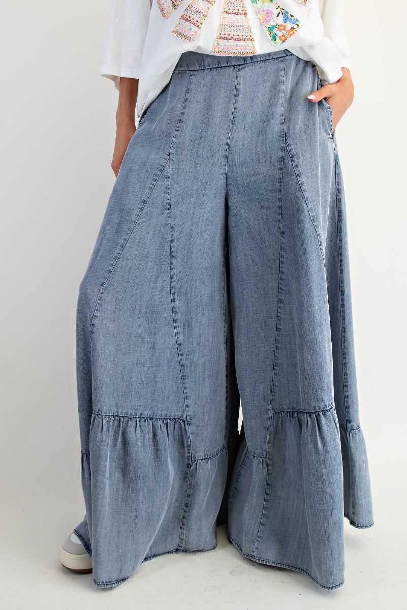 Easel Ruffle Hem Palazzo Pants in Washed Denim – June Adel